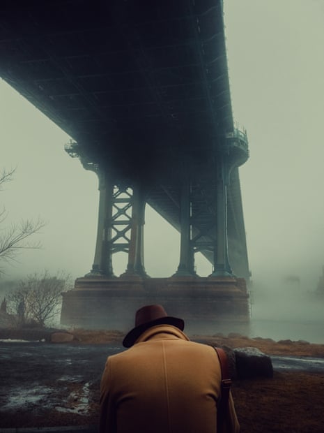 Foggy shot of a man in hat and coat, with his back to the camera, under Manhattan Bridge