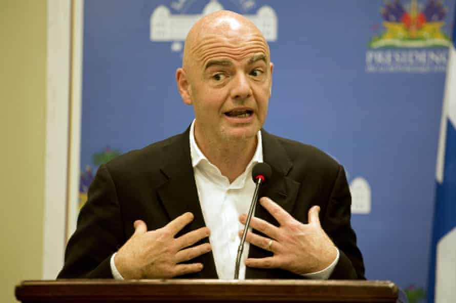 Gianni Infantino at a press conference at the National Palace in Port-au-Prince in 2017. In February Infantino wrote to congratulate Jean-Bart on his re-election – ‘standard practice’, Fifa said later.