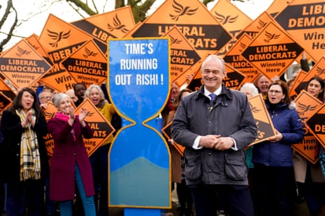 Ed Davey gives at the Liberal Democrats’ local election campaign launch in Harpenden, Hertfordshire.