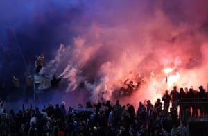 Marseille, FranceMarseille’s north side supporters burn flares during the League One soccer match between Marseille and Montpellier at the Velodrome stadium.