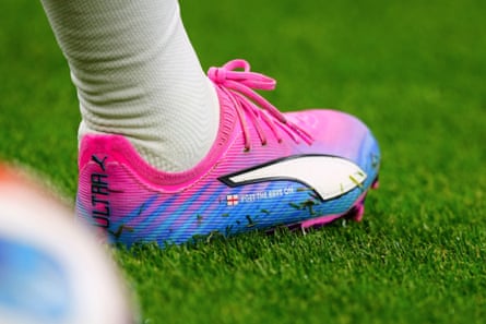 The England player Jordan Pickford’s Puma boot during the match against Croatia this week.