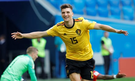 Thomas Meunier celebrates after opening the scoring for Belgium early on.