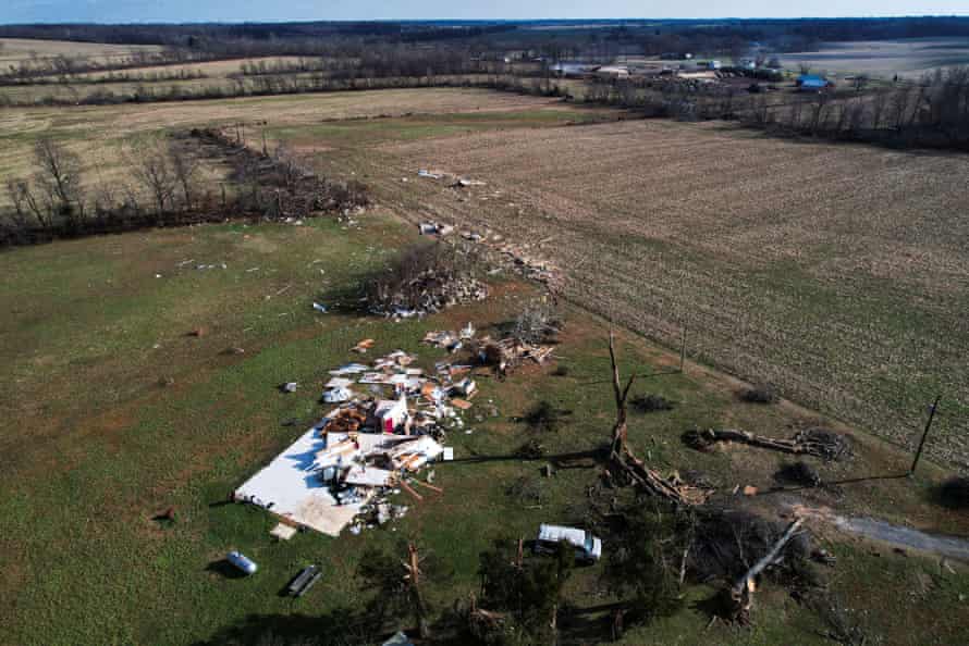 The trail of destruction from a tornado can be seen where it passed through McClure Chapel in Mayfield, Ky.