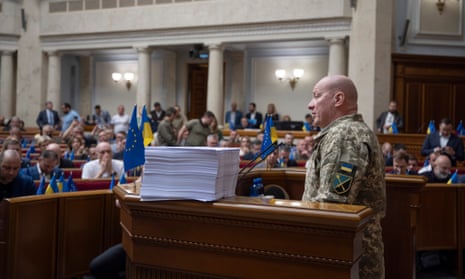 Ukraine Gen Yuriy Sodol told parliament Russian forces outnumber Ukrainian troops seven to ten times, before the military mobilisation bill was voted on in Kyiv, Ukraine. Ukraine's parliament passed the law on Thursday