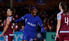 Chelsea's Kadeisha Buchanan celebrates scoring their third goal against Aston Villa.