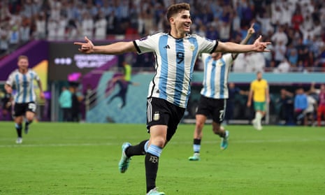 Argentina's Julian Alvarez celebrates scoring their second goal