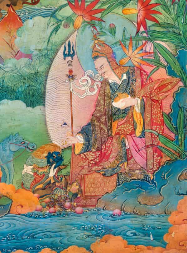 A detail from the Lukhang Temple murals. The image depicts Guru Rinpoche – or Padmasambhava – accepts obeisance from the naga king.