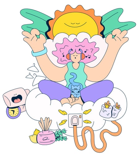 Multi-coloured illustration of a woman in a meditation pose on a beanbag with headphones on, a peaceful cat in her lap, and with a smiling sun behind her