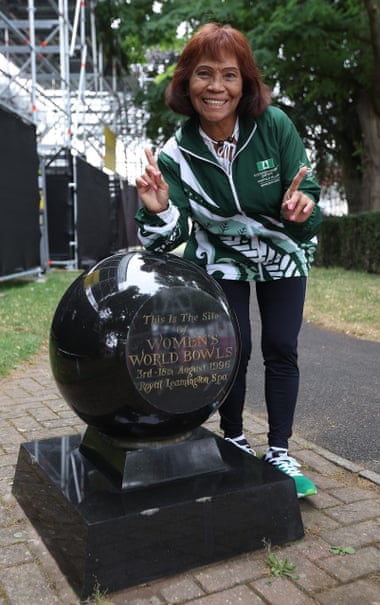 Norfolk Island bowling team member Carmen Anderson at a monument to mark the Women’s World Lawn Bowls Championships.