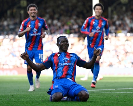 The Crystal Palace defender Tyrick Mitchell celebrates his second goal at Fulham.