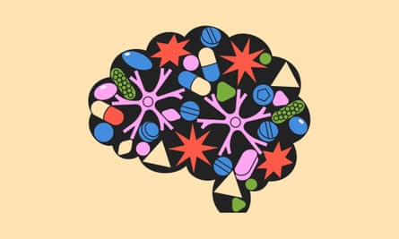 Illustration of a brain with pills and shapes inside