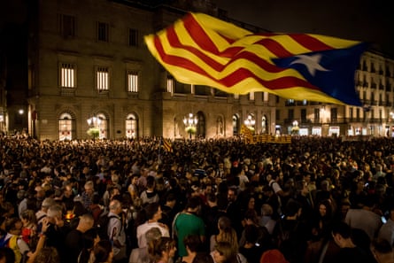Thousands fill Barcelona’s streets in protest over prison terms for Catalan separatist leaders on Monday.