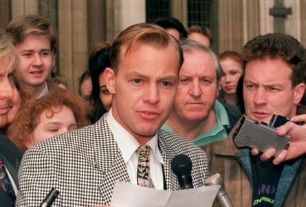 Jason Donovan outside the high court in London after winning his 1992 libel case against the Face magazine