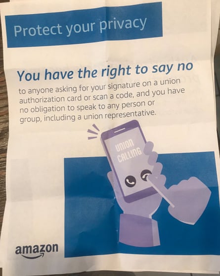 An anti-union flyer seen at Amazon’s ONT8.