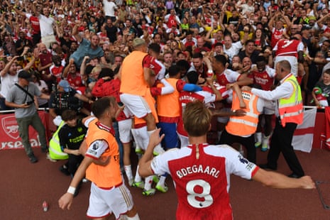3 September 2023Gabriel Jesus of Arsenal celebrates after scoring his team’s third goal against Manchester United at Emirates Stadium. Arsenal won 3-1.