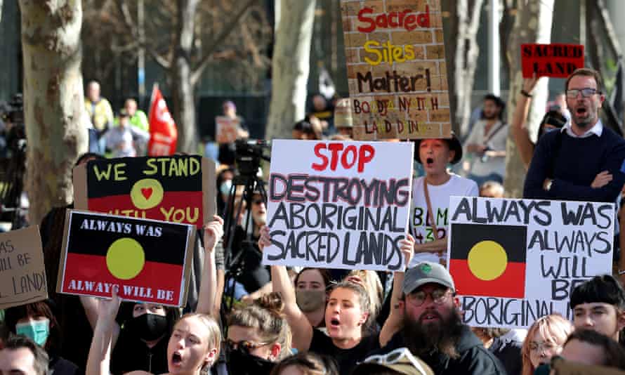 Protesters are seen during a rally outside the Rio Tinto office in Perth, Australia, 09 June 2020