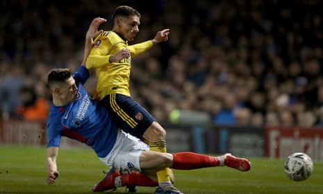 Lucas Torreira is tackled by James Bolton of Portsmouth, a challenge which forced him off 16 minutes into Arsenal’s FA Cup win.