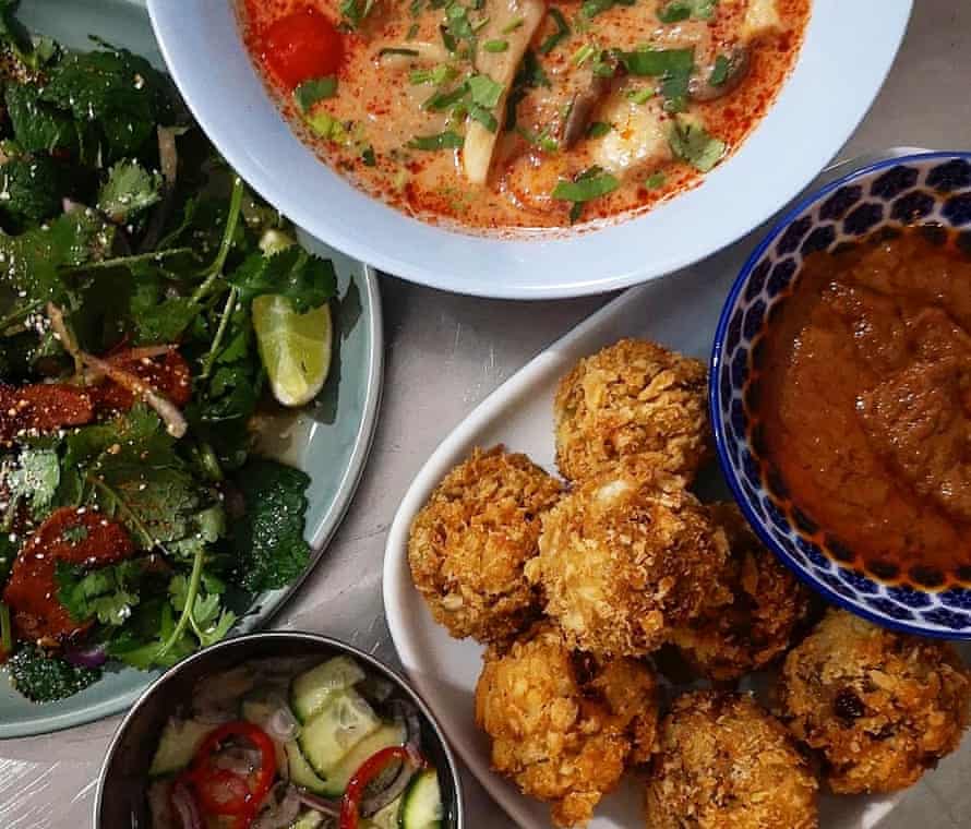 Seitan waterfall salad, left, mushroom tom yum soup, top, panko jackfruit satay, right with cucumber ajat salad at Brother Thai, Cardiff.