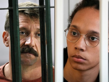 This combination of pictures shows a file photo taken on 16 February, 2010 of Russian Viktor Bout, in a cell at the Criminal Court in Bangkok and a file photo taken on 27 July 2022 of US WNBA basketball star Brittney Griner inside a defendants’ cage before a hearing at the Khimki Court, outside Moscow.