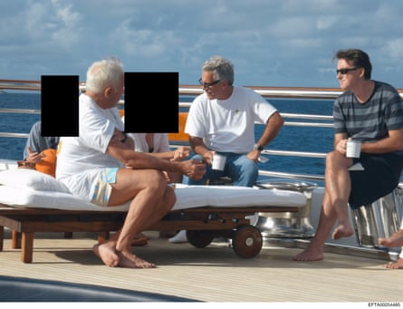 Epstein and Mandelson in T-shirts holding mugs on the deck of a boat