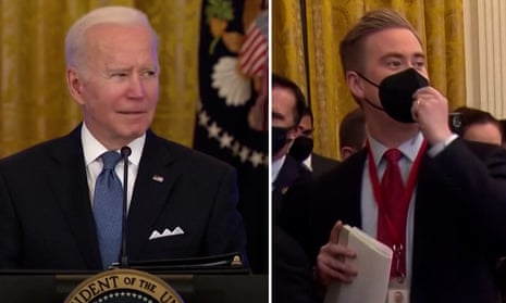 Composite image of US president Joe Biden and Fox News White House reporter Peter Doocy. Biden was caught on a hot mic referring to the Fox News reporter as a 'stupid son of a bitch'.