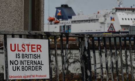 A sign in the port of Larne, Northern Ireland, April 2021