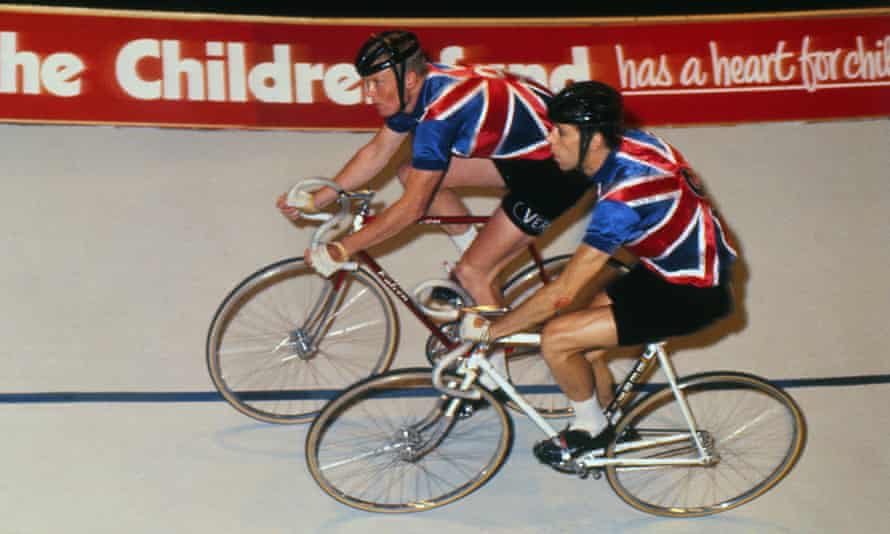 Jim Moore, right, with his team-mate Tony Gowland, taking part in the Skol 6-Day track cycling event at Wembley, London, 1968.