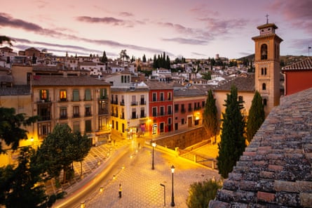 Plaza Nueva and the Church of Santa Ana at night. Granada City.