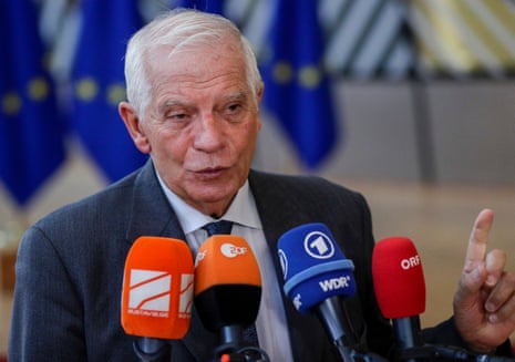 Josep Borrell speaks to the press at the start of the EU Foreign Affairs Council in Brussels.