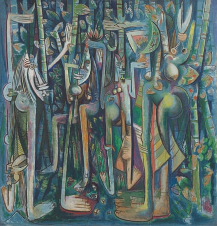 a colorful painting of elongated human figures