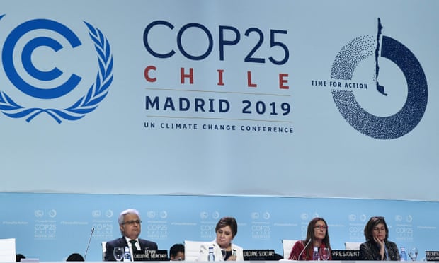 COP25’s executive leaders attended the closing plenary session of the conference in Madrid on Sunday. Photograph: Óscar del Pozo/AFP via Getty Images