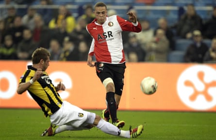 Nemanja Matic slides in to tackle Luc Castaignos of Feyenoord during a spell on loan at Vitesse from Chelsea in 2011.