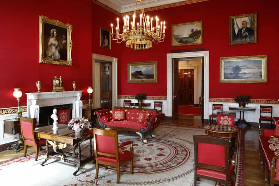 The fabric on the walls of the Red Room was renewed during the Trump administration.