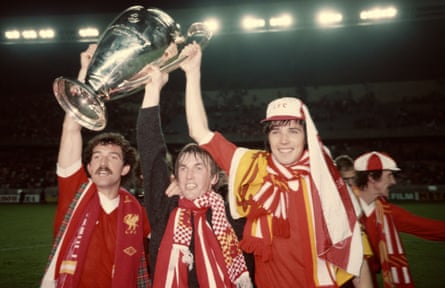 Kenny Dalglish (centre) celebrates with his fellow Scottish players at Liverpool, Graeme Souness (left) and Alan Hansen, after their win in the 1981 European Cup final over Real Madrid in Paris.