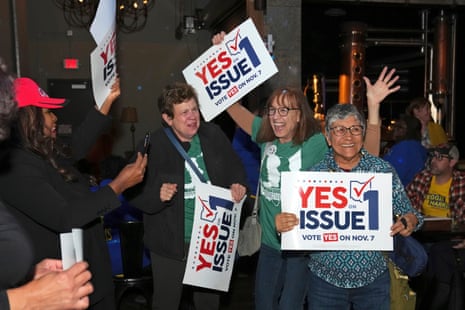Voters react to the passage of Issue 1, establishing a constitutional right to abortion, on 7 November, in Cincinnati, Ohio.