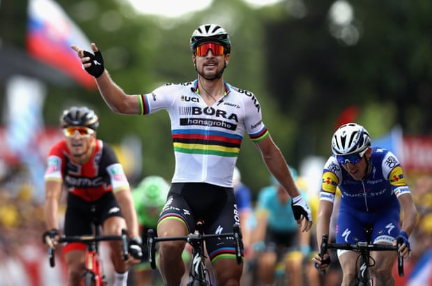 Bora-Hansgrohe’s Peter Sagan celebrates his victory. Photograph: Bryn Lennon/Getty Images