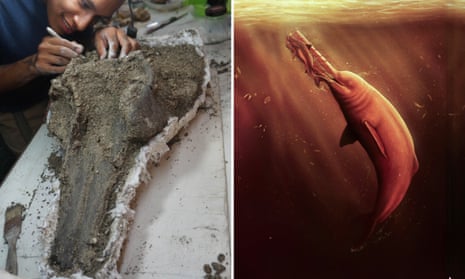 Composite picture of a photo of a man using a scalpel to pick at a huge crocodile-like skull, and a drawing of a dolphin in brown water seizing prey