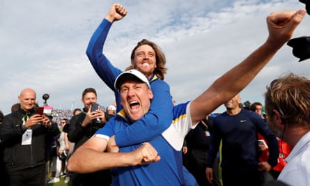 Ian Poulter and Tommy Fleetwood celebrate Europe’s victory at Guyancourt in 2018