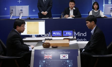 South Korean professional Go player Lee Sedol, right, prepares for his second stone against Google’s artificial intelligence program, AlphaGo.