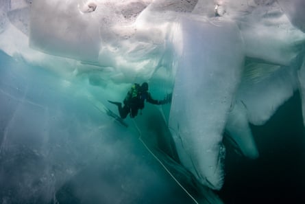 Huge walls of ice formations under water