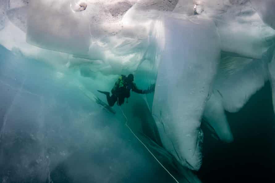 Enormes paredes de formações de gelo debaixo d'água