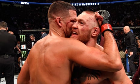 Nate Diaz embraces Conor McGregor after a thrilling fight in Las Vegas