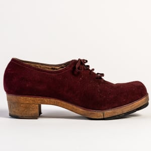 Red suede lace-up wartime shoe with a wooden sole, 1940s. By C&J Clark (now known as Clarks)