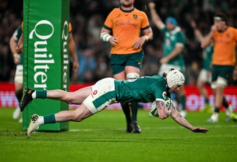 Mack Hansen of Ireland scores his side's second try.