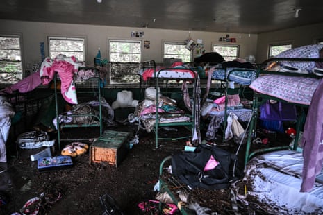 A view inside of a cabin at Camp Mystic after flash flooding in Hunt, Texas.
