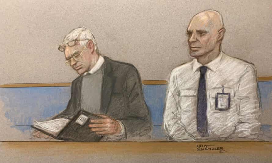 Courtroom sketch of Julian Assange (left).