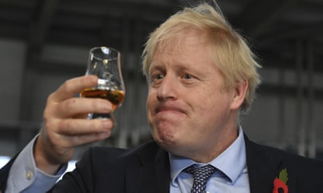 ‘Like a grotesque illustration to some cautionary nursery rhyme.’ Boris Johnson at the Roseisle distillery near Elgin, November 2019