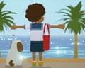 Illustration of a child and their dog looking out at the ocean.