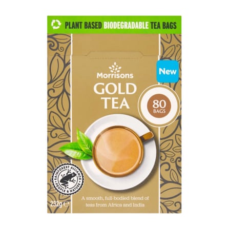 The front of a box of a brand of teabag called Morrisons Gold 80 teabags