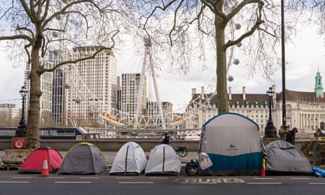 Tents of the homeless on Victoria Embankment in London.
